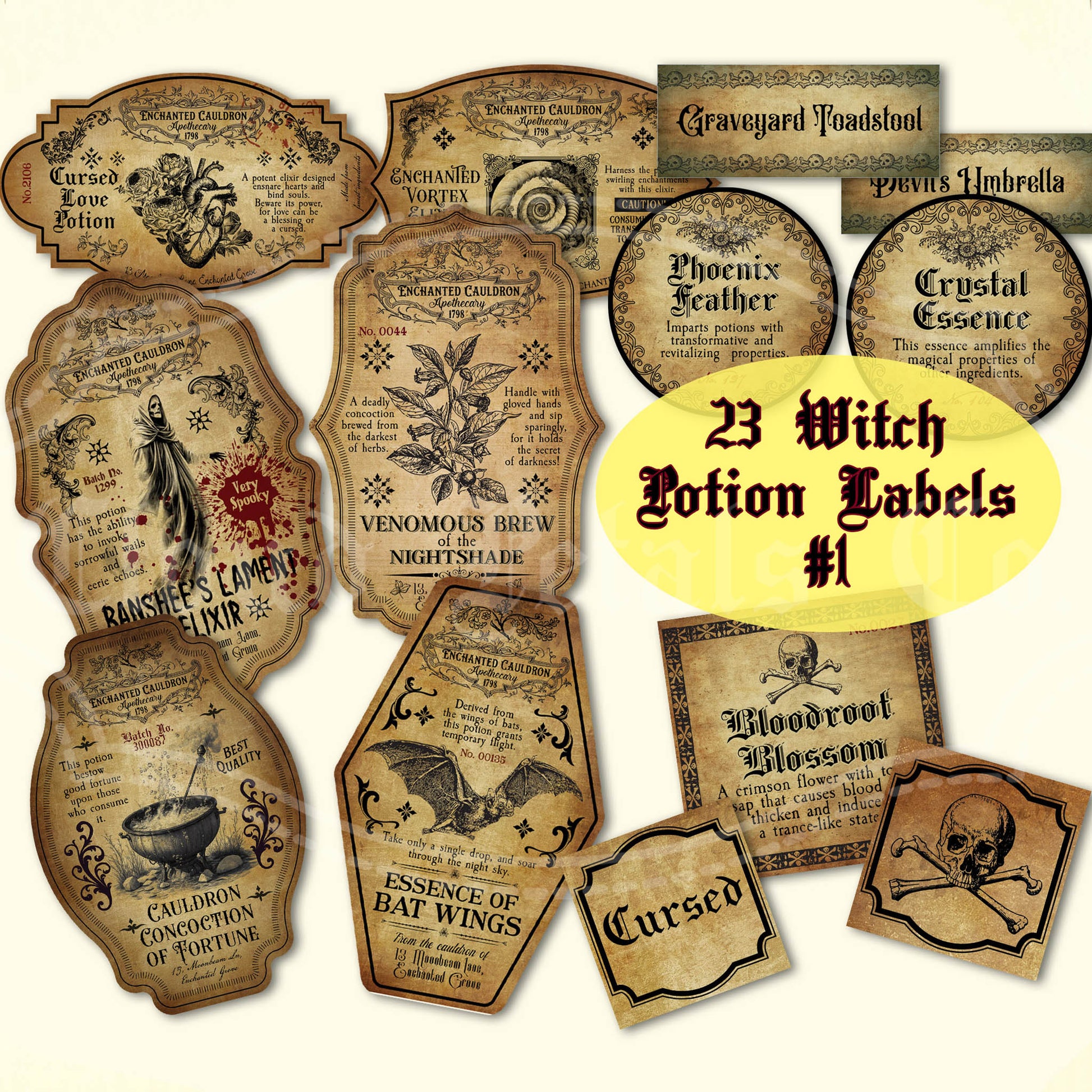 Halloween witch potion labels with cauldron, bats, banshee, nightshade