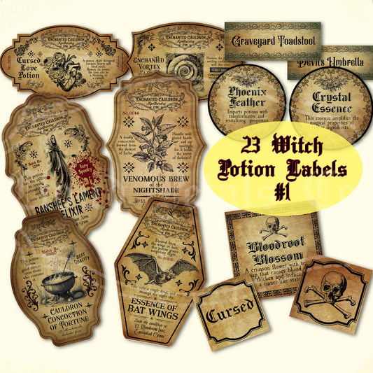 Halloween witch potion labels with cauldron, bats, banshee, nightshade