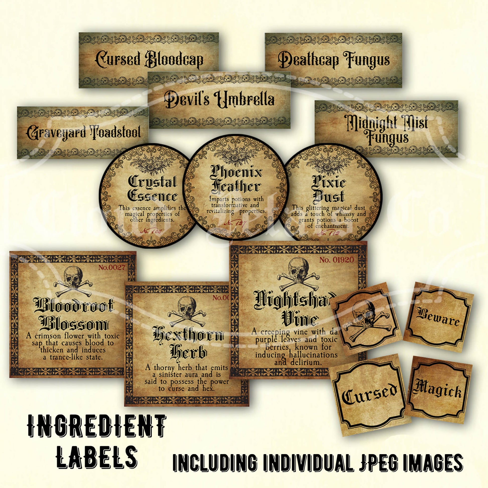Halloween witch potion labels with cauldron, bats, banshee, nightshade set