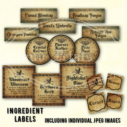 Halloween witch potion labels with cauldron, bats, banshee, nightshade set