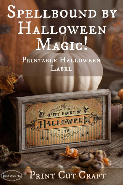 Halloween-themed label with pumpkins and decorative elements on a wooden surface.