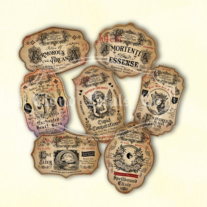 Vintage-style love potion labels with decorative text and illustrations on a beige background.