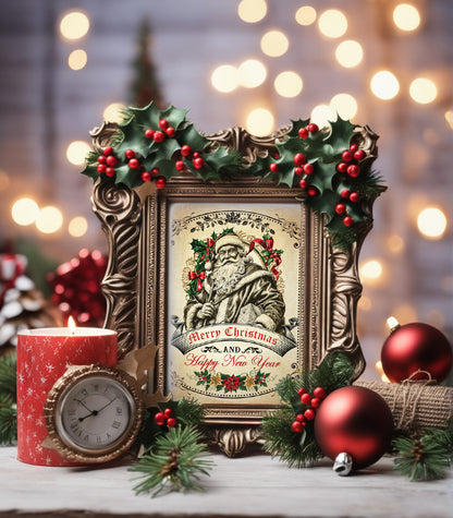 Decorative Christmas scene with a framed print, candle, and ornaments on a wooden surface.