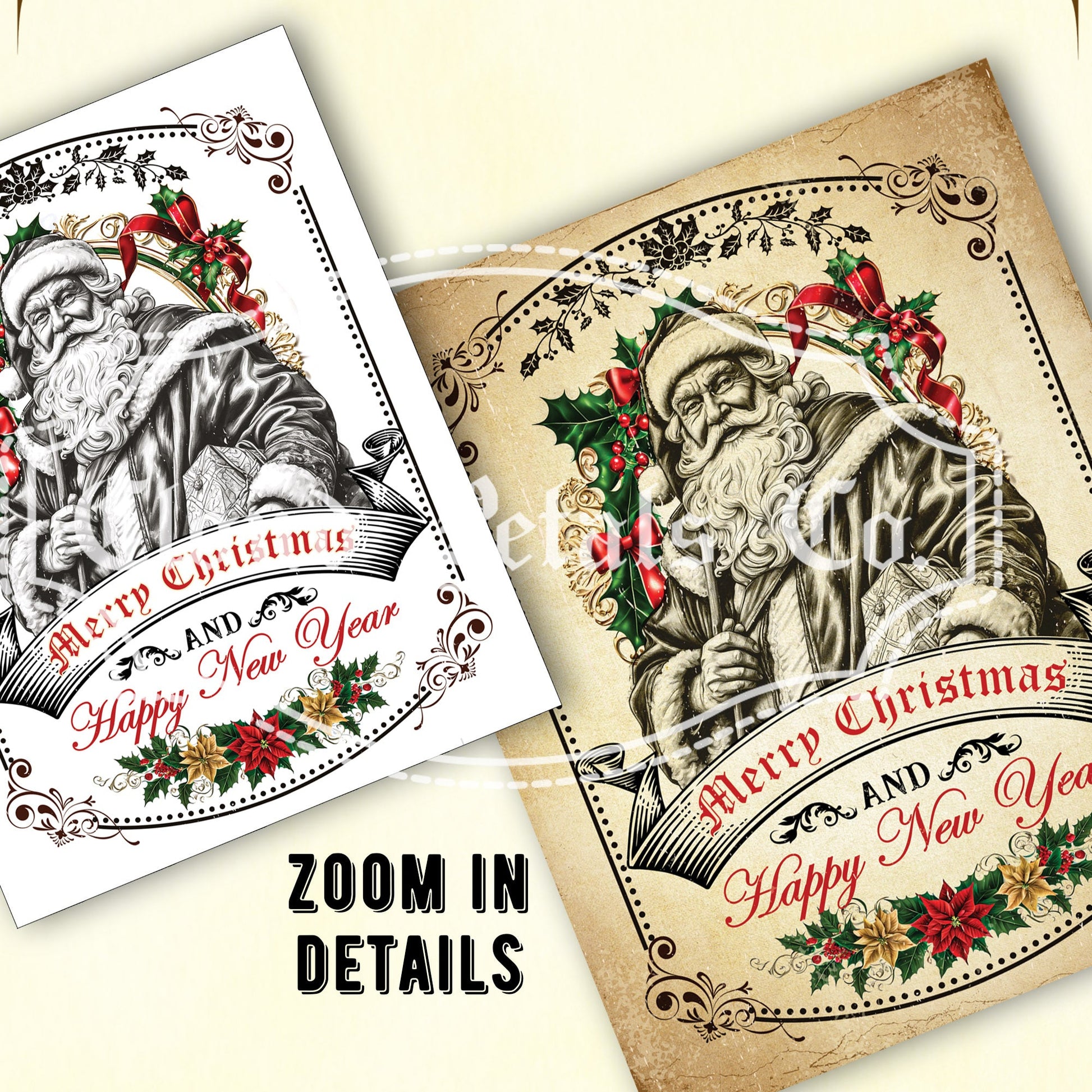 Vintage-style Christmas and New Year sign with Santa Claus illustration on a white background.