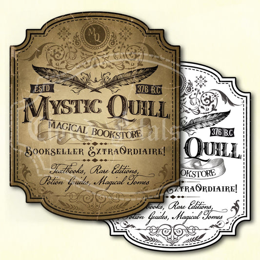 Vintage-style Halloween wizard bookstore sign with 'Mystic Quill' branding.