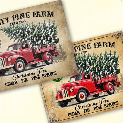 Vintage-style Christmas sign with red truck carrying Christmas trees on a beige background.