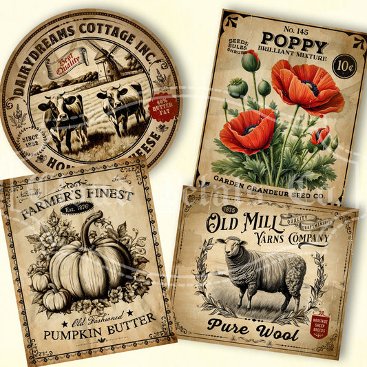 Vintage-style pantry labels with rustic designs and text on a white background.