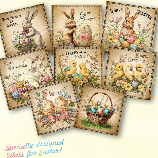 Vintage Victorian style Easter labels with bunnies, eggs, and flowers on a white background.