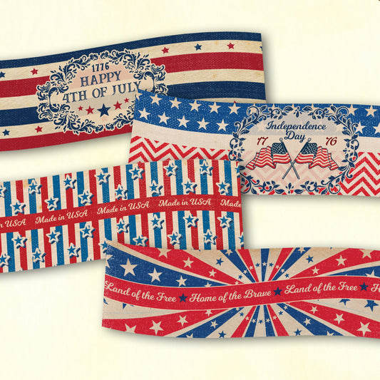 A collection of vintage style 4th of July long labels with various designs including stripes, stars, and patriotic themes.