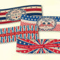 A collection of vintage style 4th of July long labels with various designs including stripes, stars, and patriotic themes.