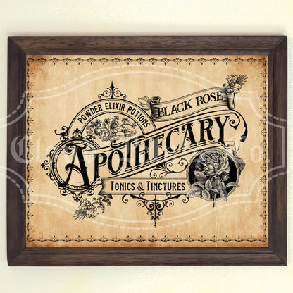 Vintage-style apothecary sign with decorative elements on a beige background