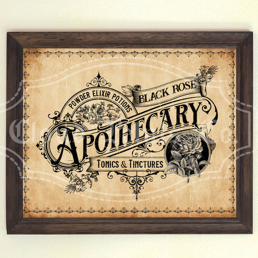 Vintage-style apothecary sign with decorative elements on a beige background