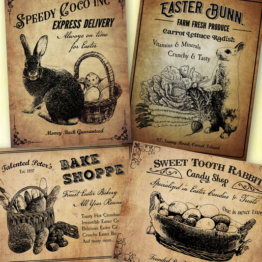 Set of four vintage-style Easter labels with illustrations of bunnies and baskets on a beige background.