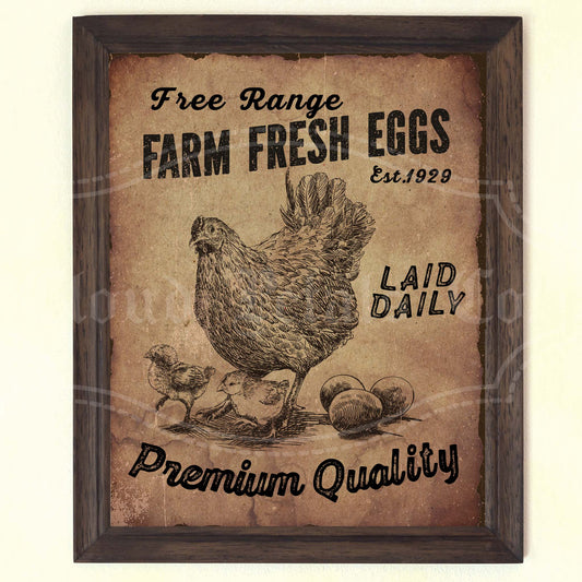 Vintage-style sign with a chicken and eggs, promoting free-range farm fresh eggs.