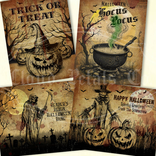 Printable Halloween labels cauldron jackolantern reaper