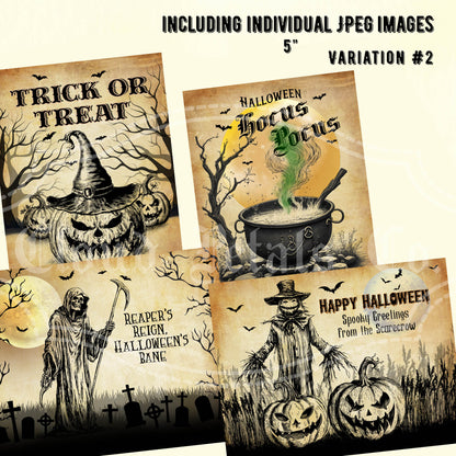 Printable Halloween labels cauldron jackolantern reaper light