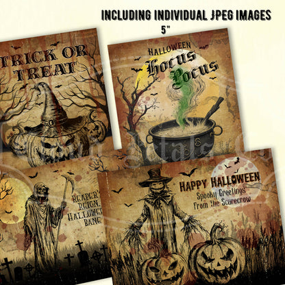 Printable Halloween labels set cauldron jackolantern reaper