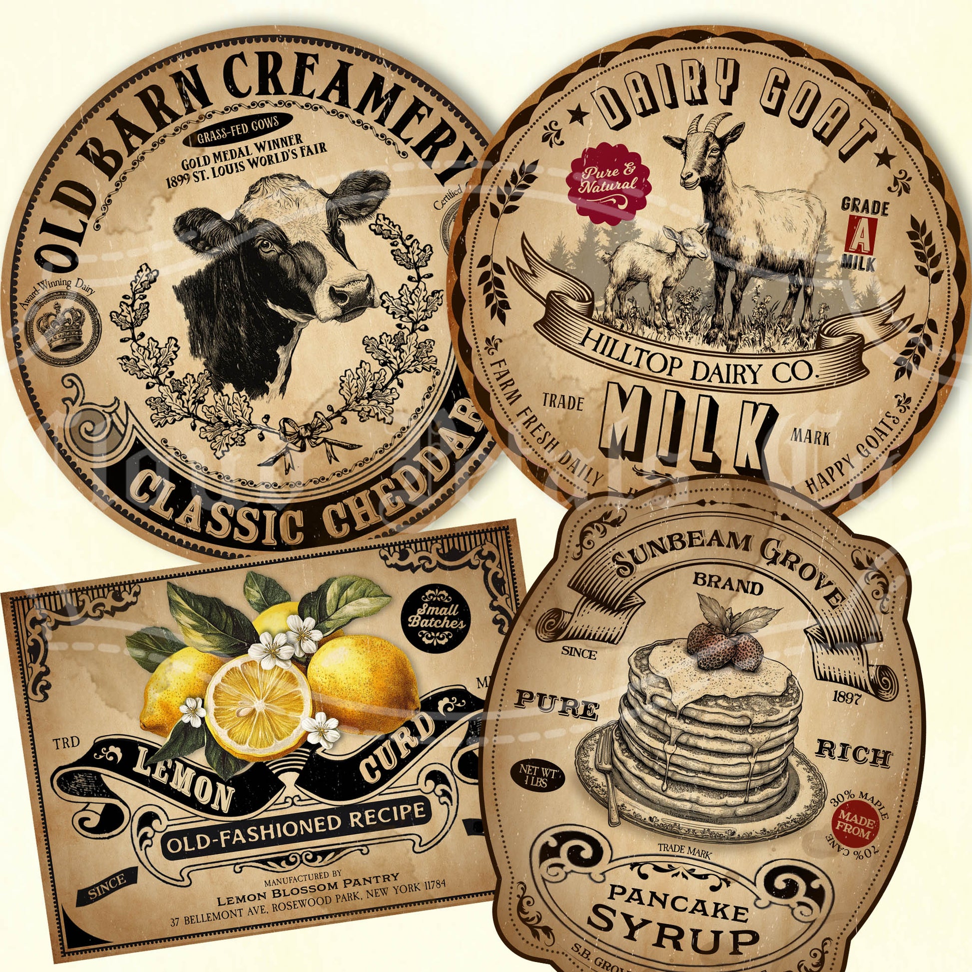 Printable Vintage Kitchen labels for cheese, goat milk, lemon curd and pancake syrup