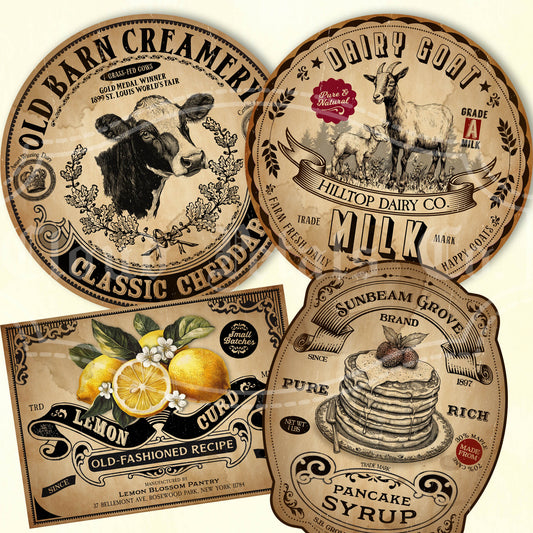 Printable Vintage Kitchen labels for cheese, goat milk, lemon curd and pancake syrup