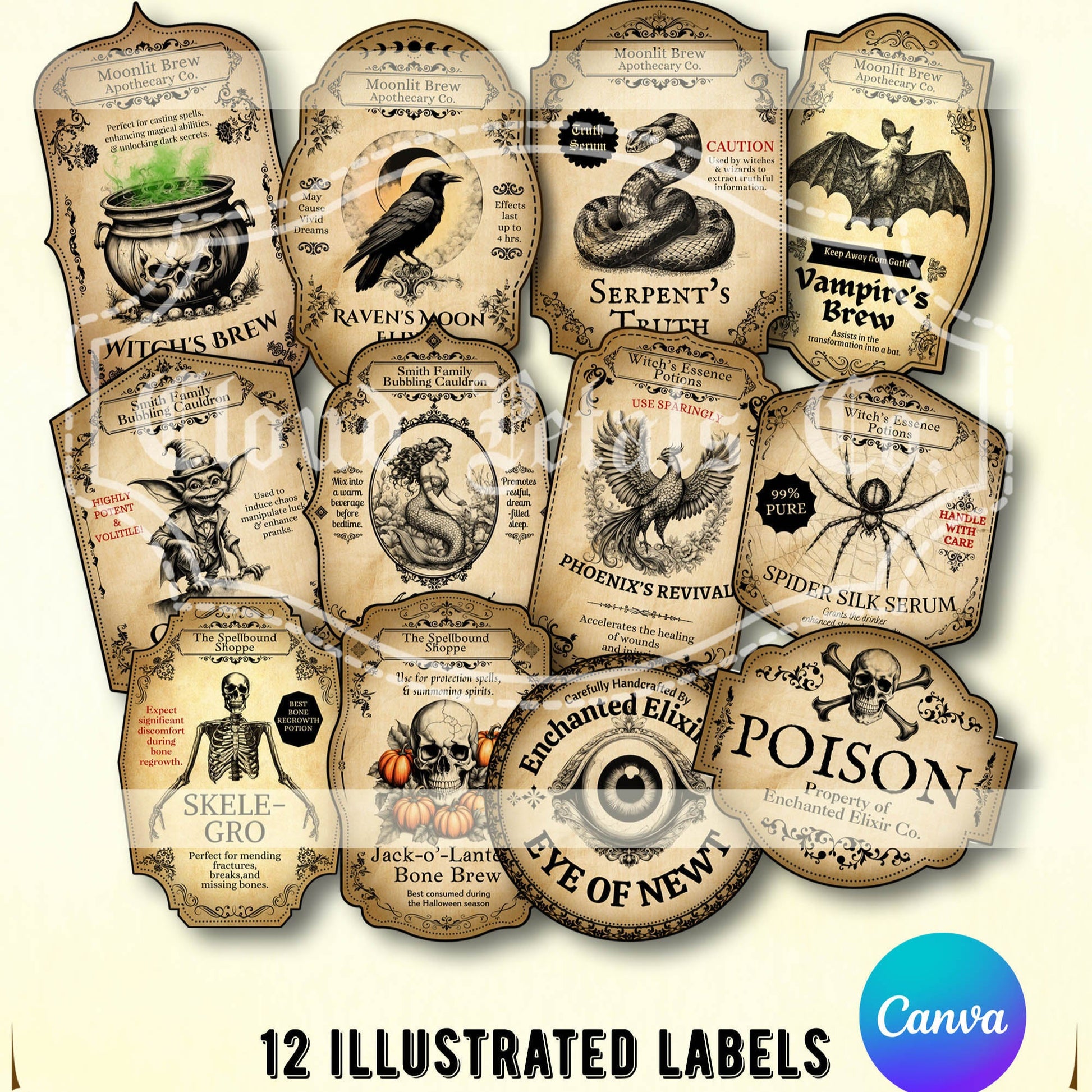 Vintage-style Halloween labels with various designs on a white background, featuring the Canva logo.