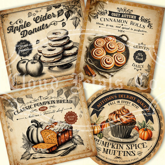 Printable fall bakery labels apple cider donut pumpkin bread cinnamon rolls