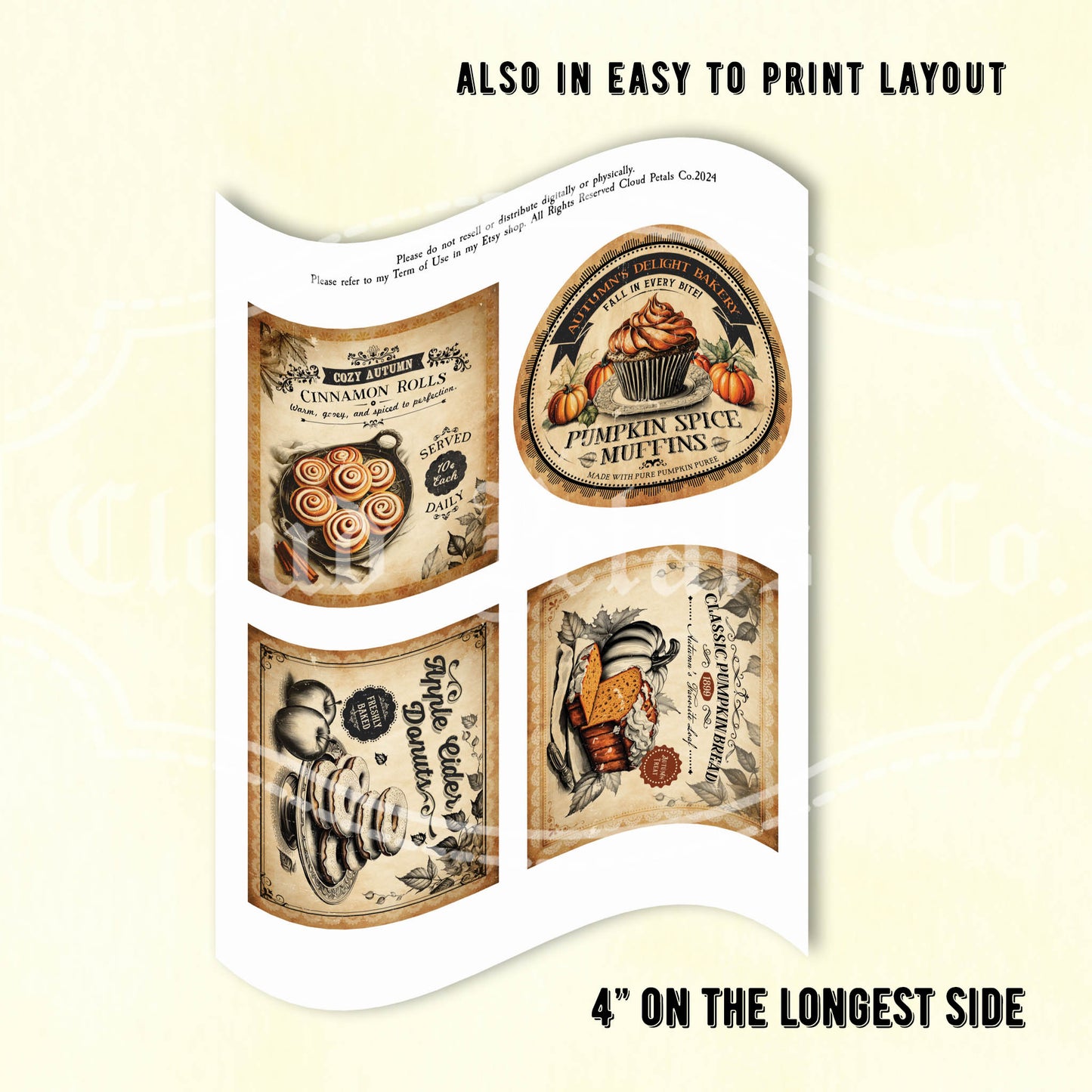 Printable fall bakery labels apple cider donut pumpkin bread cinnamon rolls collage sheet
