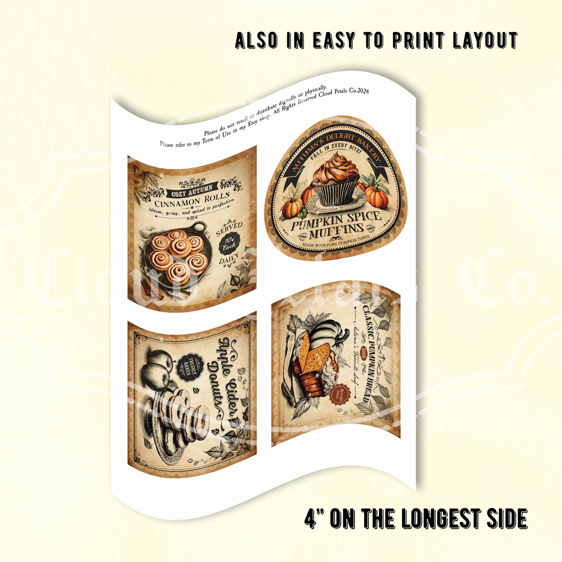 Printable fall bakery labels apple cider donut pumpkin bread cinnamon rolls collage sheet