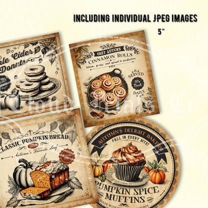 Printable fall bakery labels apple cider donut pumpkin bread cinnamon rolls set