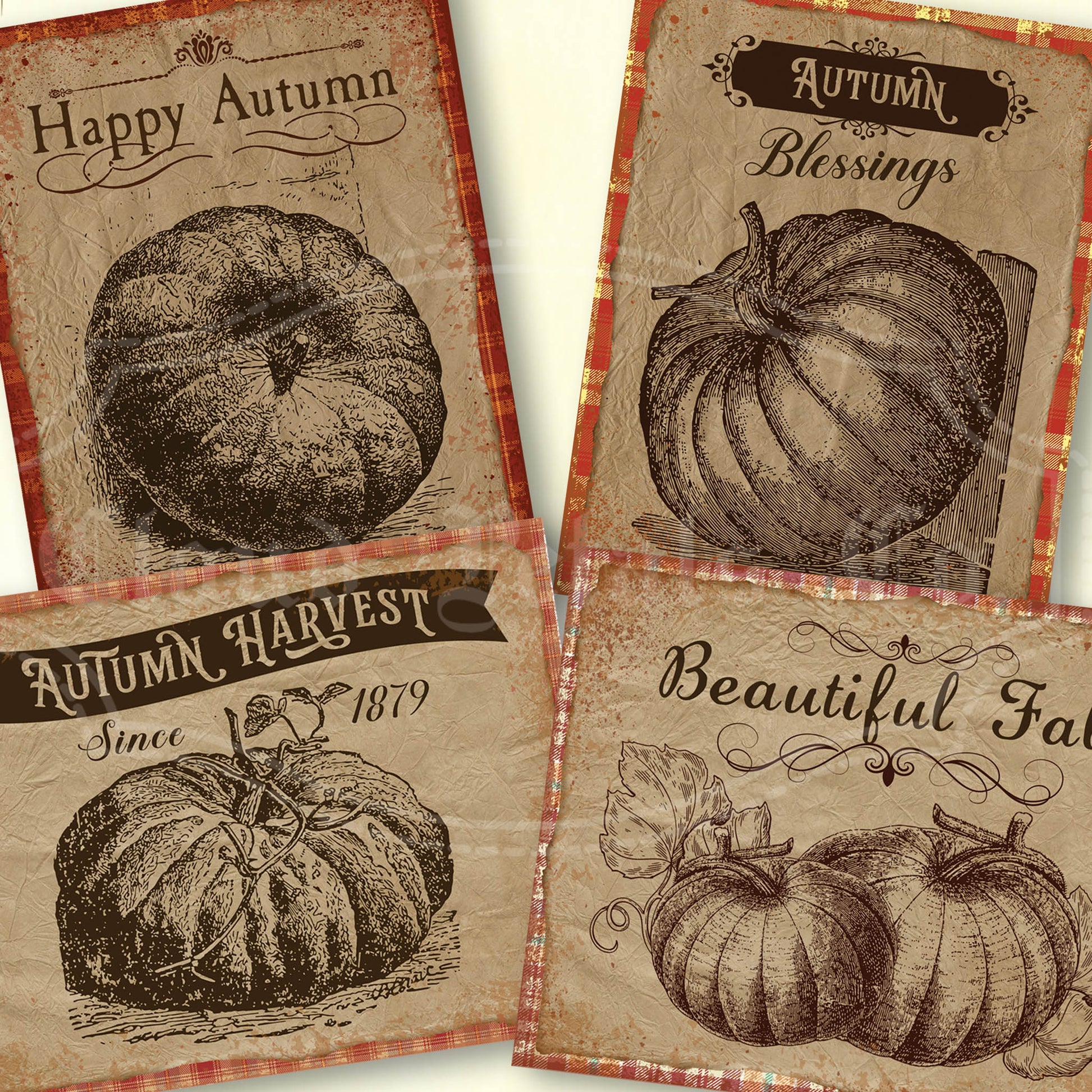 Printable four autumn-themed cards with pumpkins and text on a plaid background