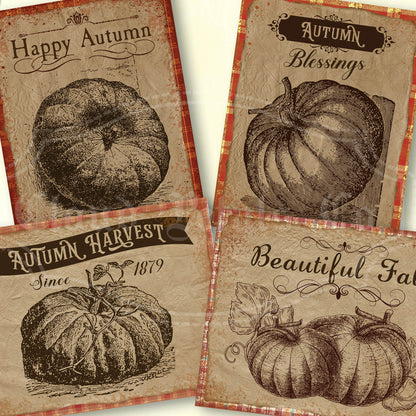 Printable four autumn-themed cards with pumpkins and text on a plaid background