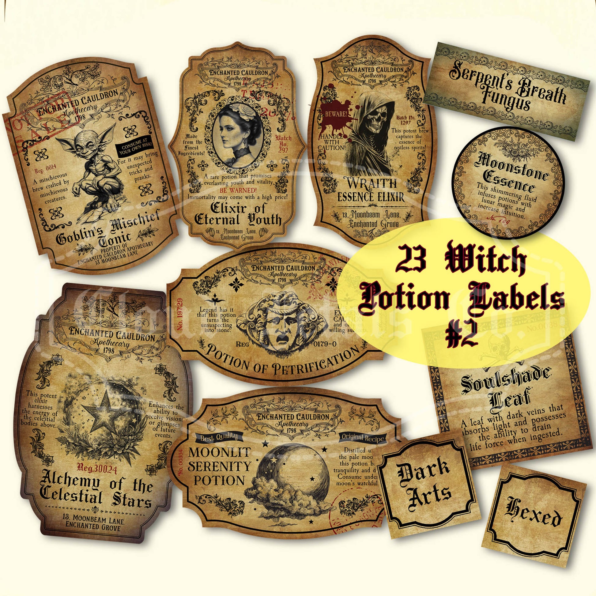 Printable halloween labels with ghost, goblin, moon