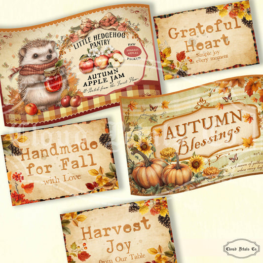 Printable hedgehog apple jam, autumn blessings and tags 