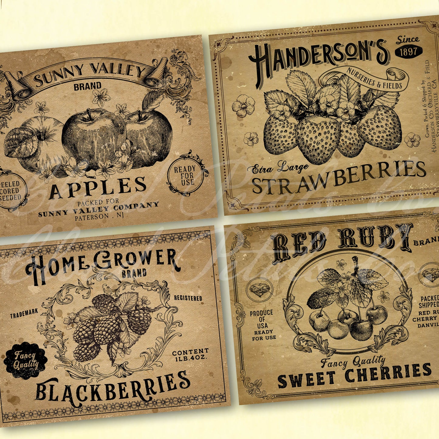 Printable kitchen labels for apple, strawberries, blackberries and cherries