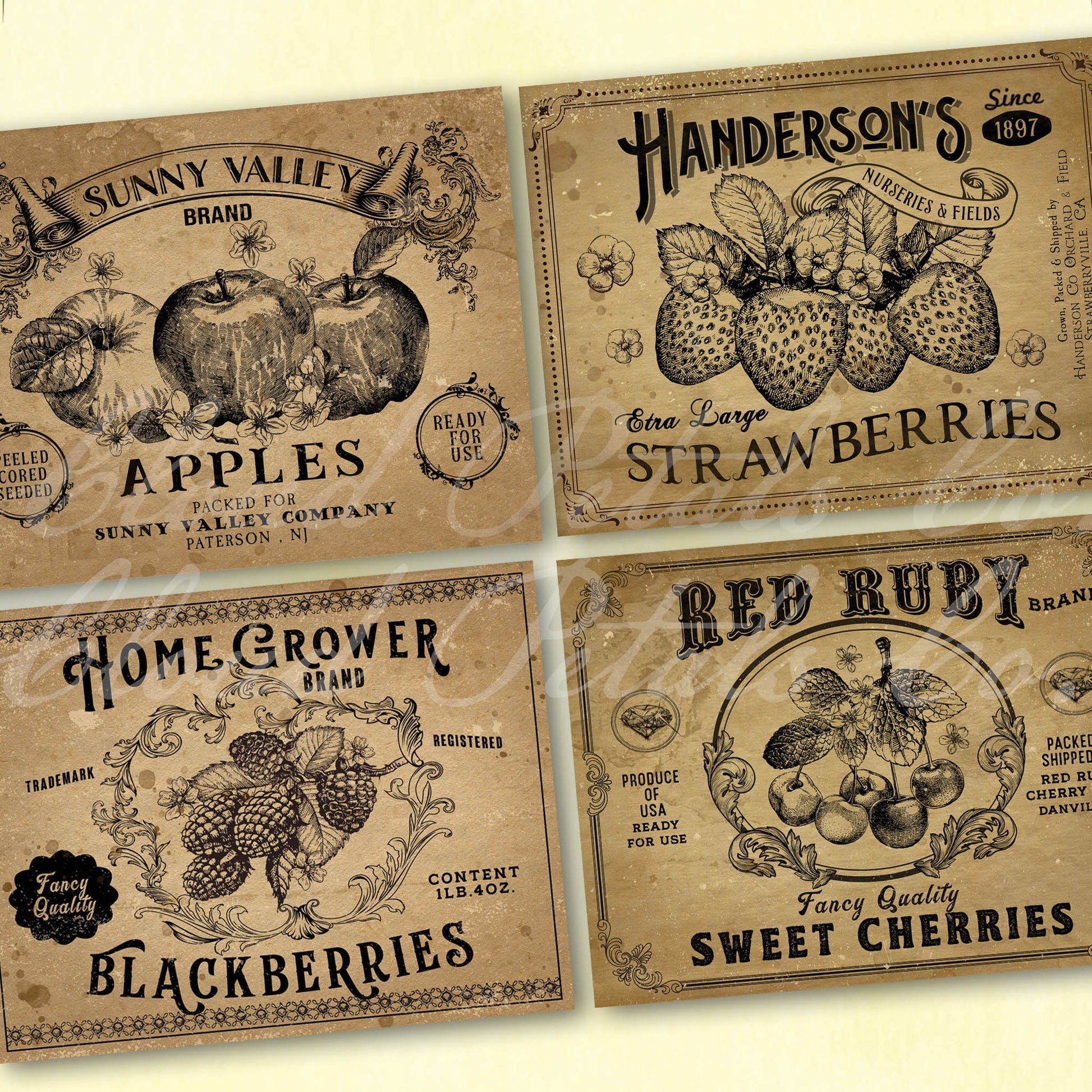 Printable kitchen labels for apple, strawberries, blackberries and cherries