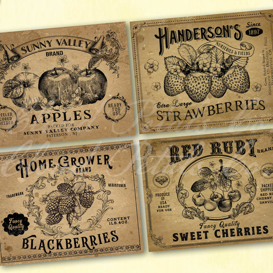 Printable kitchen labels for apple, strawberries, blackberries and cherries