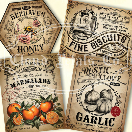 Printable kitchen labels for honey, biscuits, marmalade and garlic tags