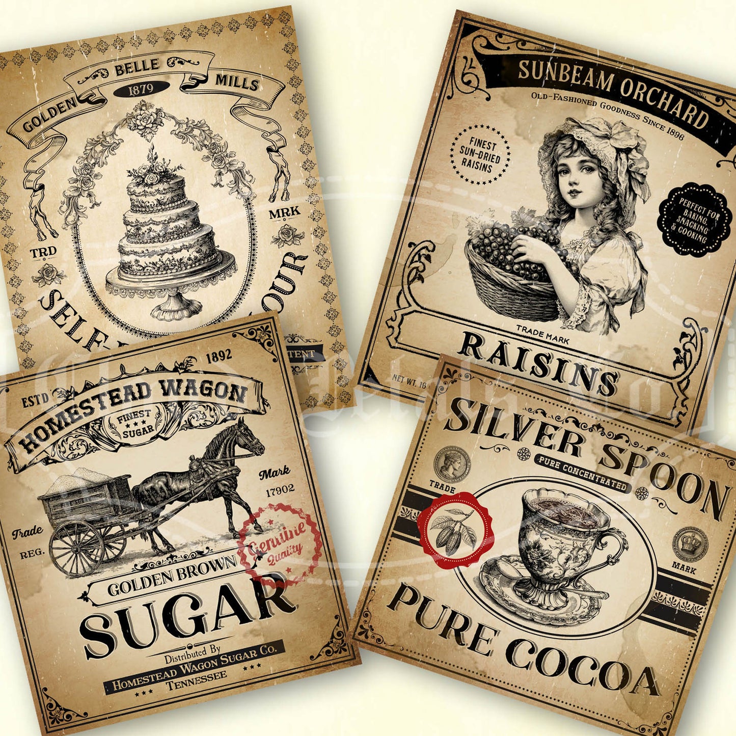 Printable kitchen labels for sugar, cocoa,raisins and flour