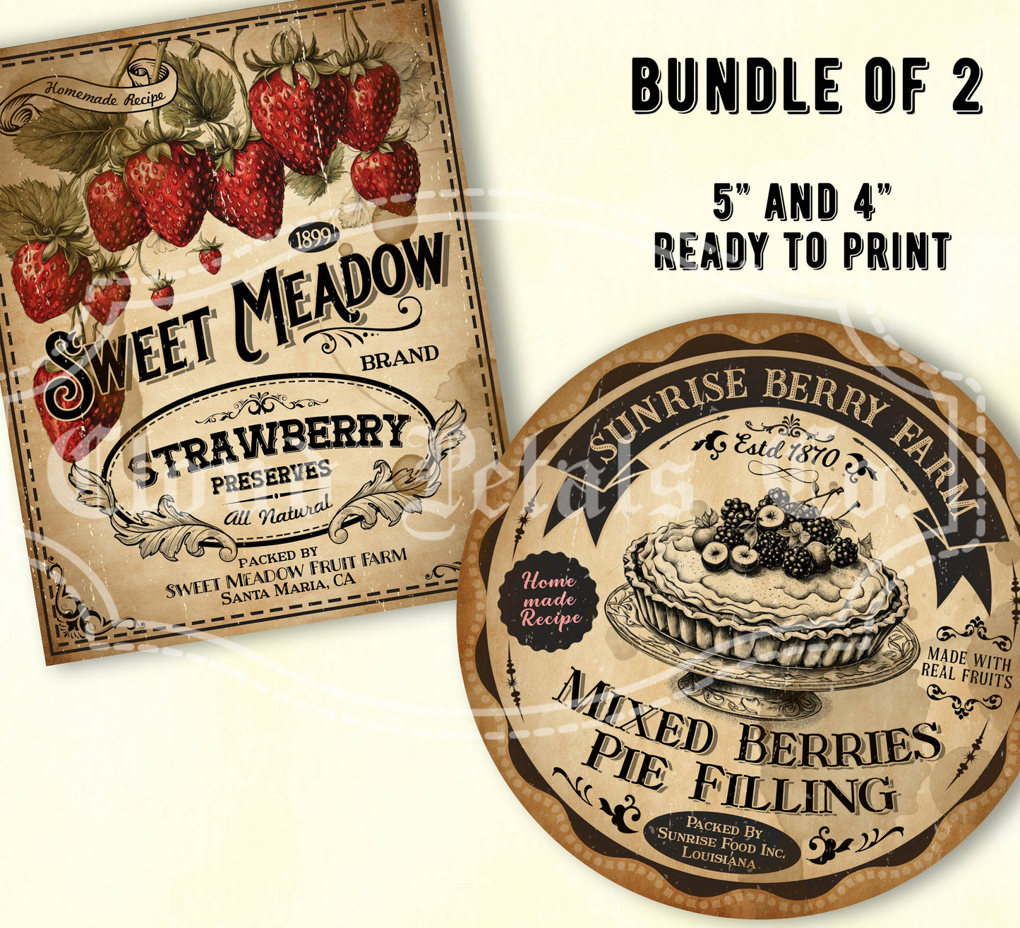 Printable vintage kitchen labels for strawberry jam and mixed berries pie filling