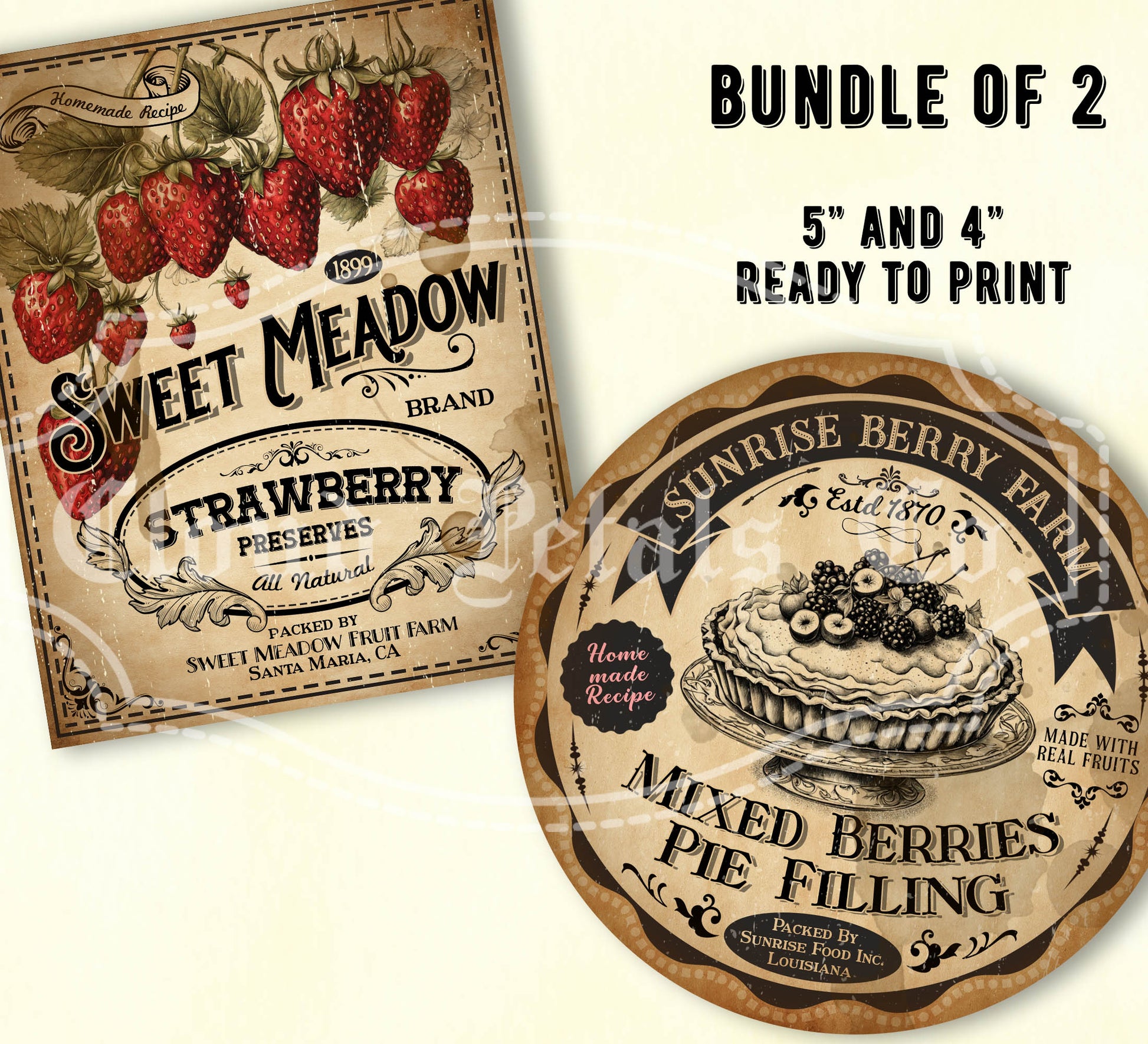 Printable vintage kitchen labels for strawberry jam and mixed berries pie filling