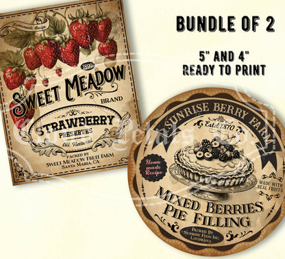 Printable vintage kitchen labels for strawberry jam and mixed berries pie filling