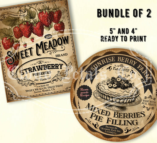 Printable vintage kitchen labels for strawberry jam and mixed berries pie filling