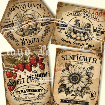 Printable vintage kitchen labels for strawberry jam, sunflower seeds, and bakery jars.
