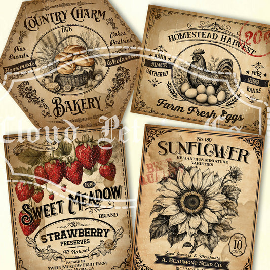 Printable vintage kitchen labels for strawberry jam, sunflower seeds, and bakery jars.