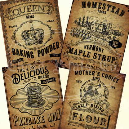 Printable vintage kitchen tag set, baking powder, maple syrup, pancake mix, flour