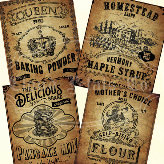 Printable vintage kitchen tag set, baking powder, maple syrup, pancake mix, flour