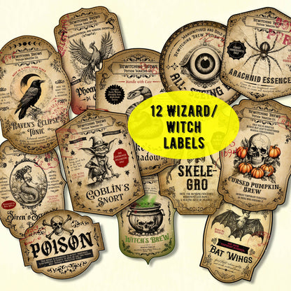 Vintage-style Halloween labels for witch/wizard with decorative elements on a white background.