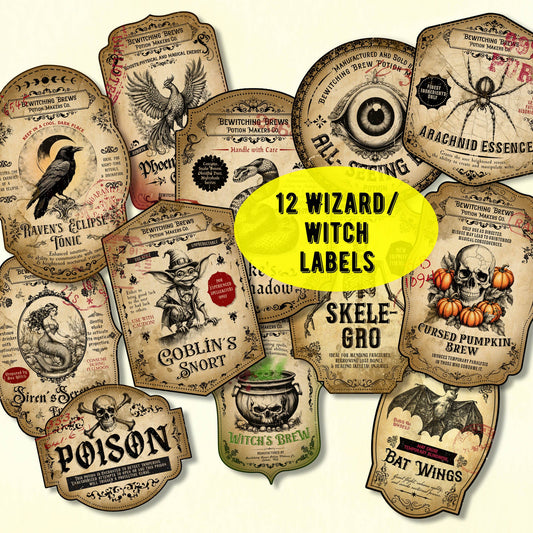 Vintage-style Halloween labels for witch/wizard with decorative elements on a white background.