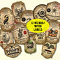 Vintage-style Halloween labels for witch/wizard with decorative elements on a white background.