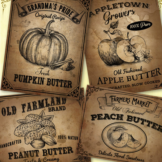 Vintage-style pantry labels for pumpkin, apple, and peach butter with decorative elements.