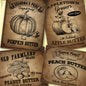 Vintage-style pantry labels for pumpkin, apple, and peach butter with decorative elements.
